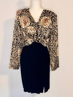 Vintage 80's Metallic Gold Floral Bodice Dress, Size 10